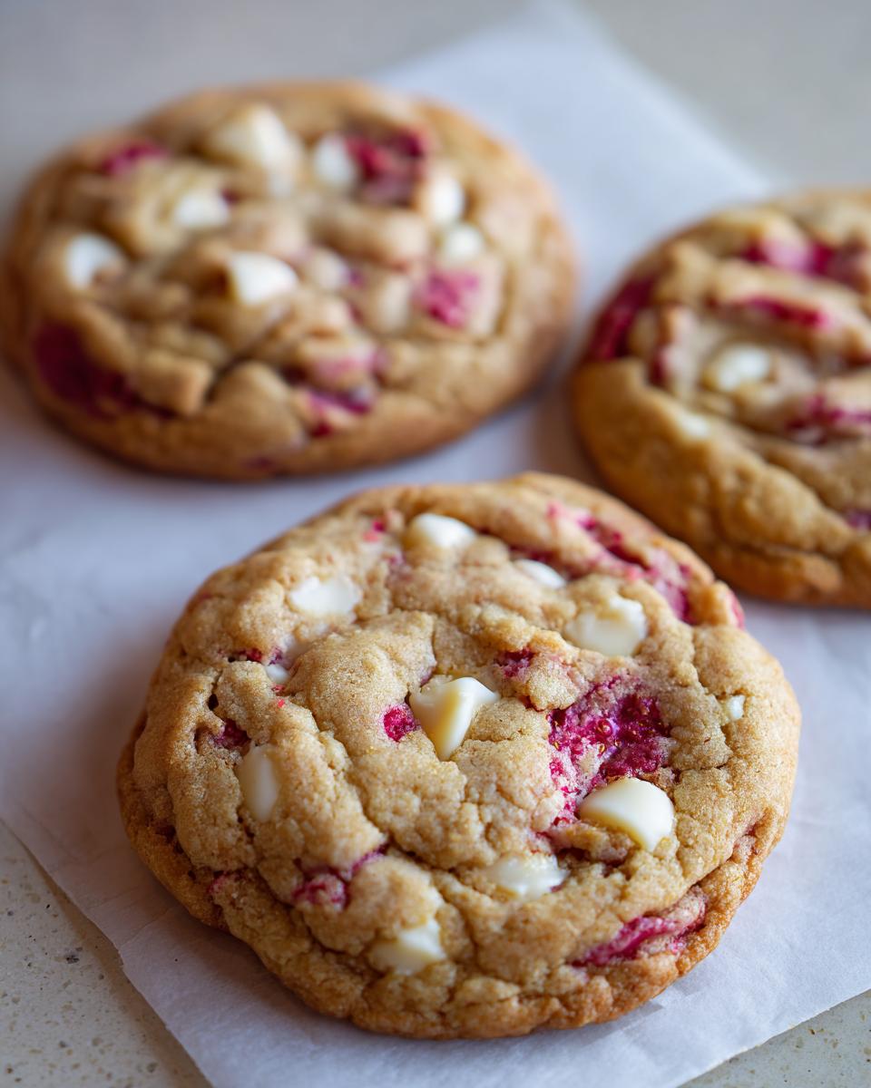 A close-up of a freshly baked white chocolate raspberry cookie with visible white chocolate chips and bright pink raspberry pieces.