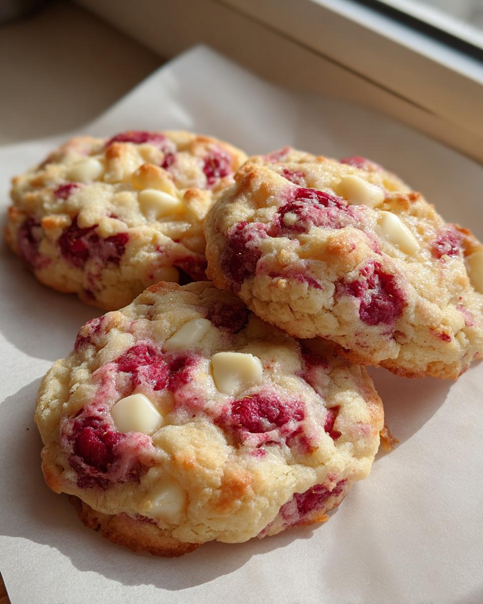 Three freshly baked white chocolate raspberry cookies piled on white parchment paper, showing melted white chocolate chunks and bright red raspberry swirls.