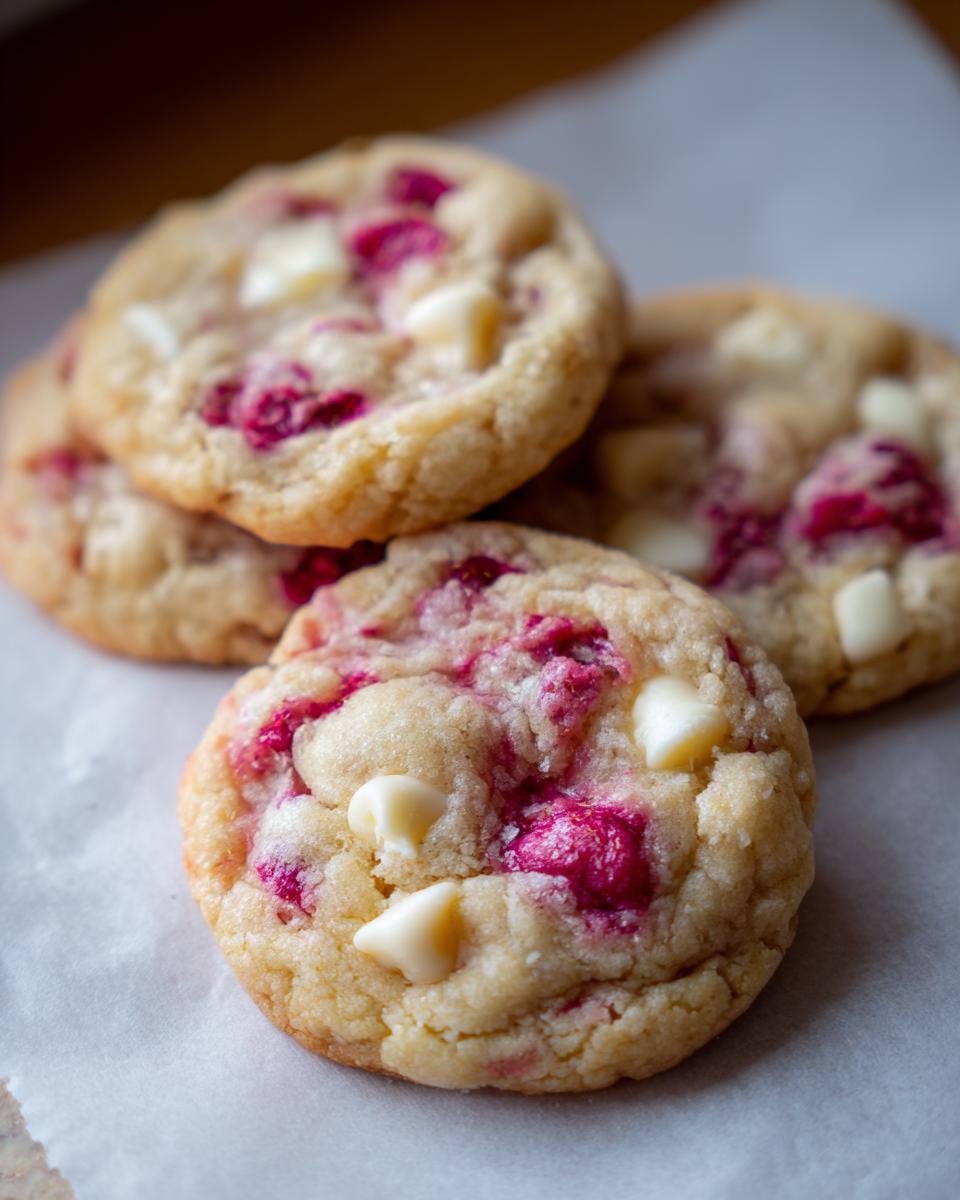Close-up of soft, chewy white chocolate raspberry cookies studded with bright pink fruit pieces and white chocolate chips.