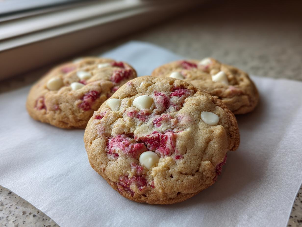 Three freshly baked white chocolate raspberry cookies resting on white parchment paper.