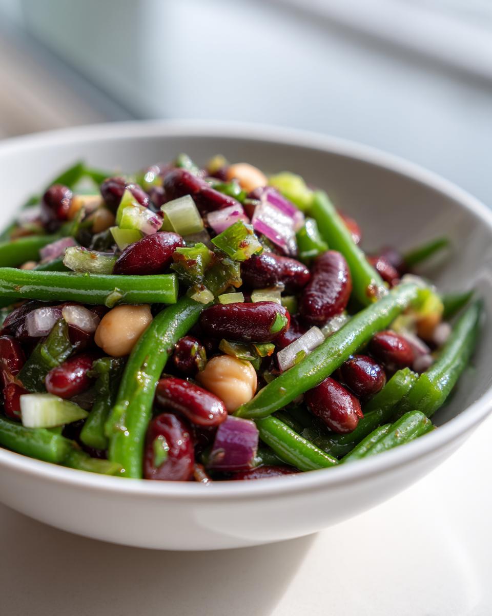 Close-up of a white bowl filled with zesty bean salad featuring green beans, kidney beans, chickpeas, and red onion.