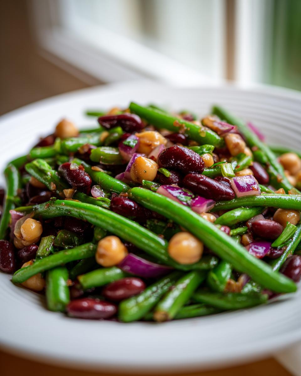 Close-up of a vibrant, zesty bean salad featuring bright green beans, red kidney beans, chickpeas, and red onion.