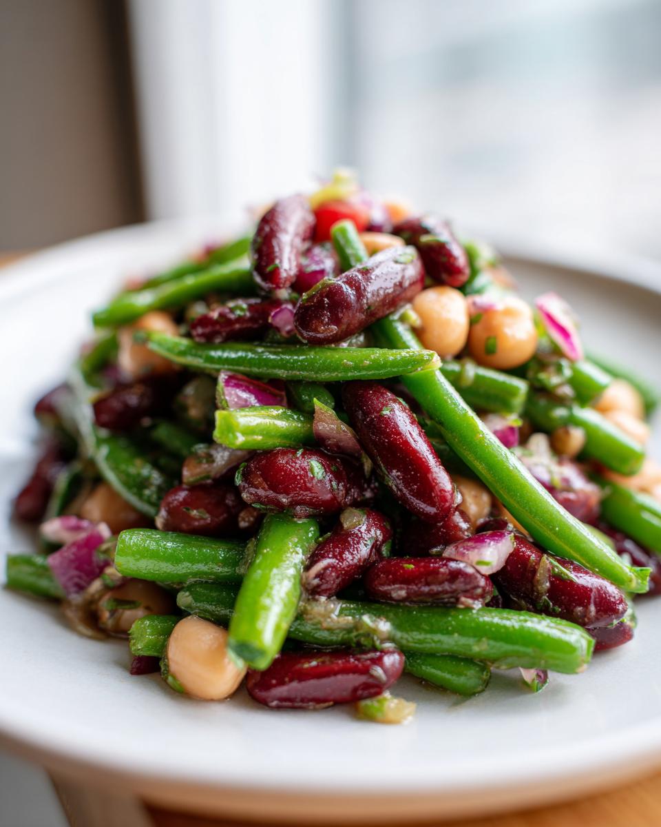 Close-up of a vibrant bean salad featuring bright green beans, dark red kidney beans, chickpeas, and chopped red onion.