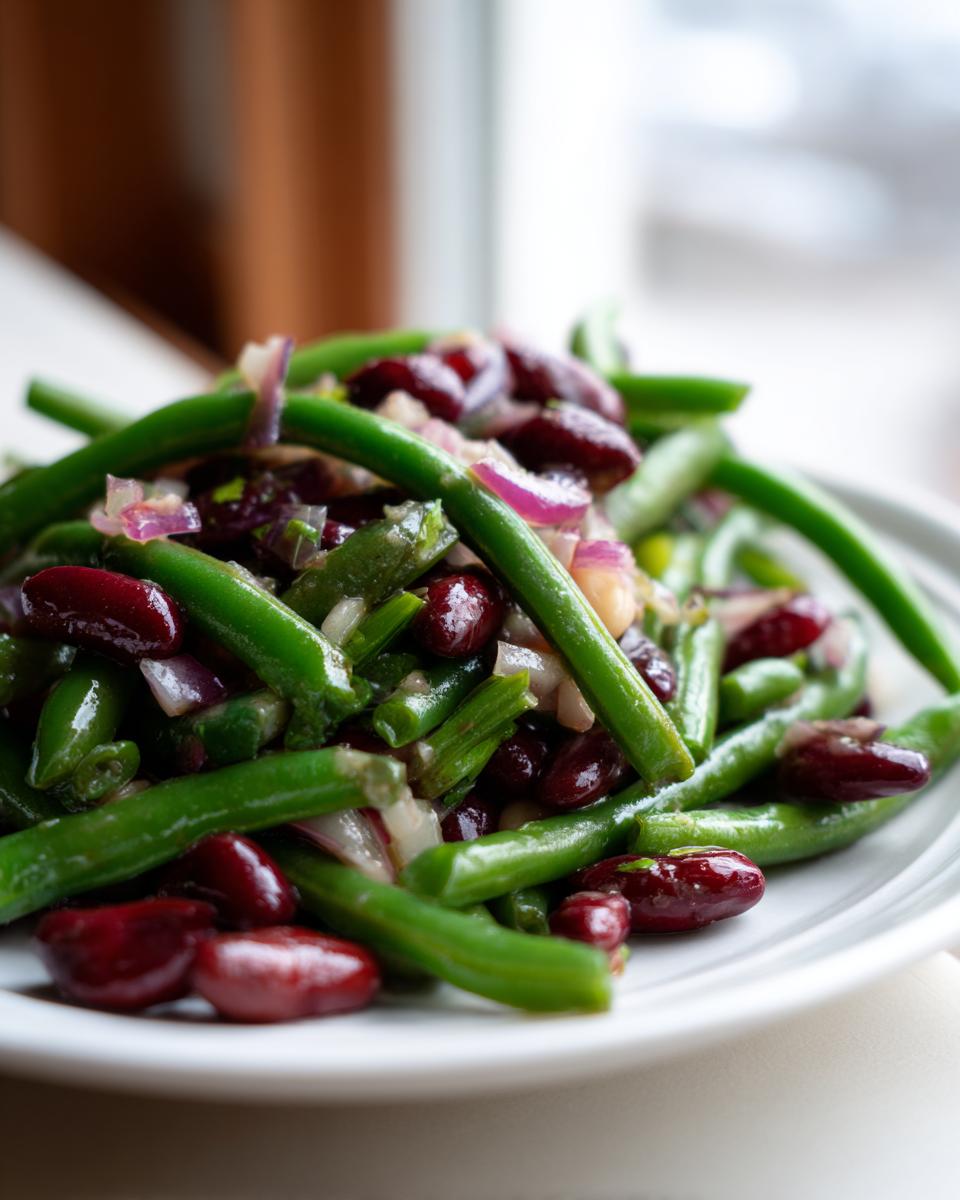 A close-up of a vibrant bean salad featuring bright green beans, dark red kidney beans, and chopped red onion.