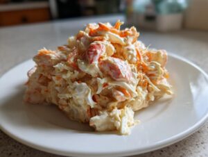 A mound of creamy seafood salad mixed with shredded carrots and visible chunks of seafood, served on a white plate.