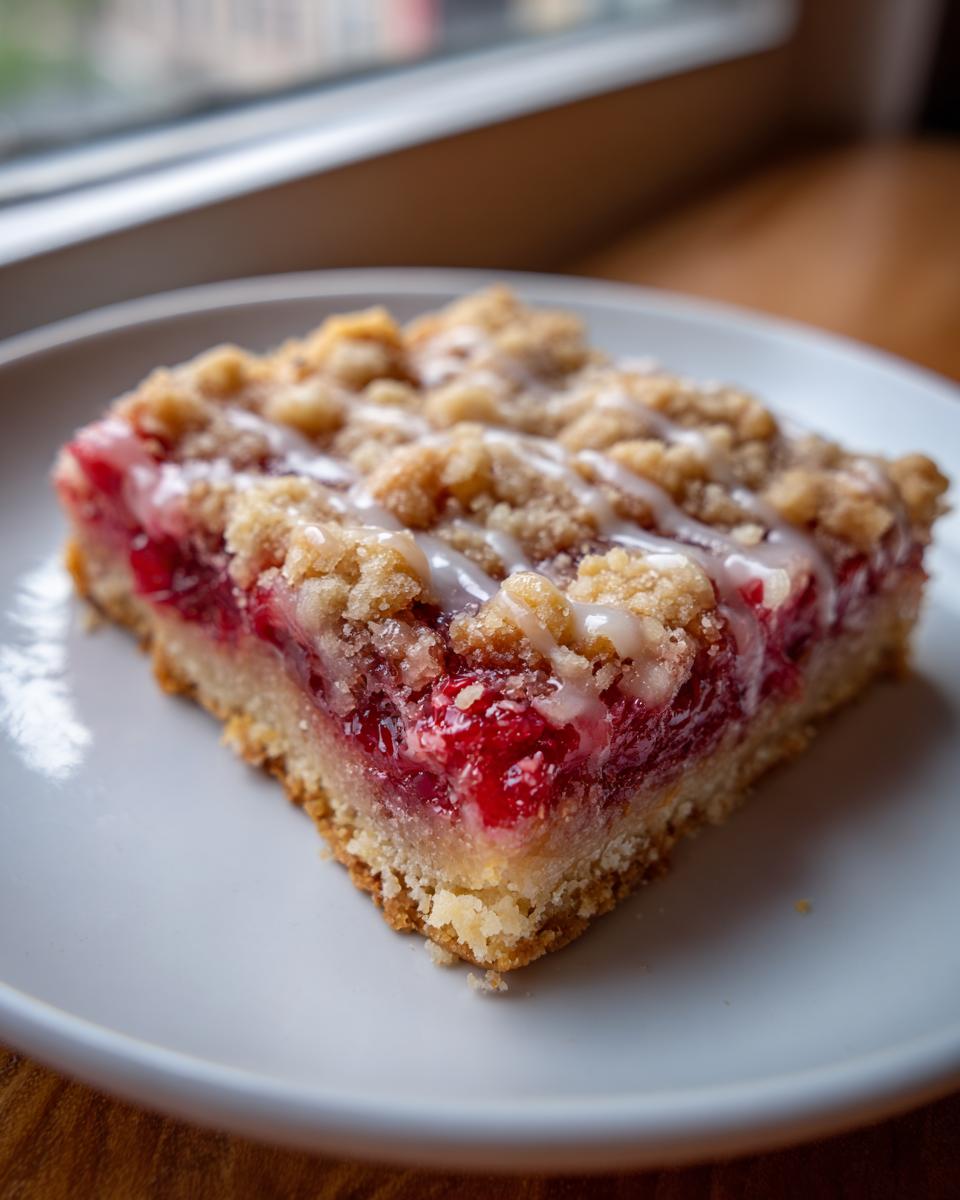 A close-up of a single square of cherry pie bars with a crumb topping and white glaze.