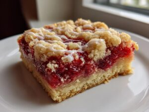A single square of delicious cherry pie bars featuring a thick cherry filling, crumb topping, and white icing drizzle.
