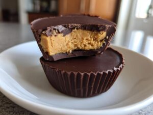 Close-up of two homemade peanut butter cups stacked, one cut in half showing the thick peanut butter filling.
