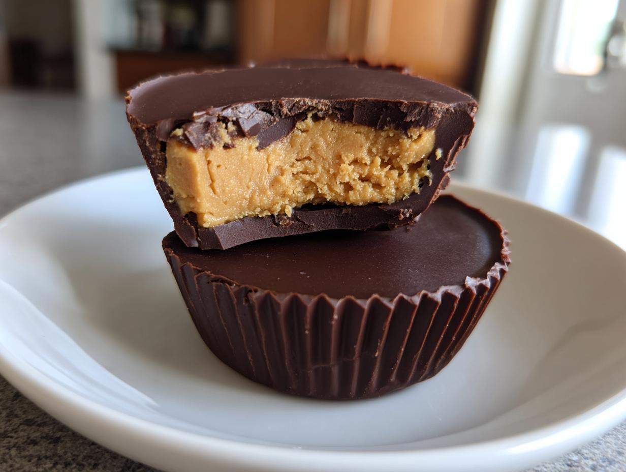 Close-up of two homemade peanut butter cups stacked, one cut in half showing the thick peanut butter filling.