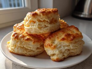 A stack of golden-brown, tall, and flaky buttermilk biscuits piled on a white plate.