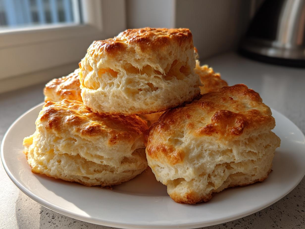 A stack of golden-brown, tall, and flaky buttermilk biscuits piled on a white plate.