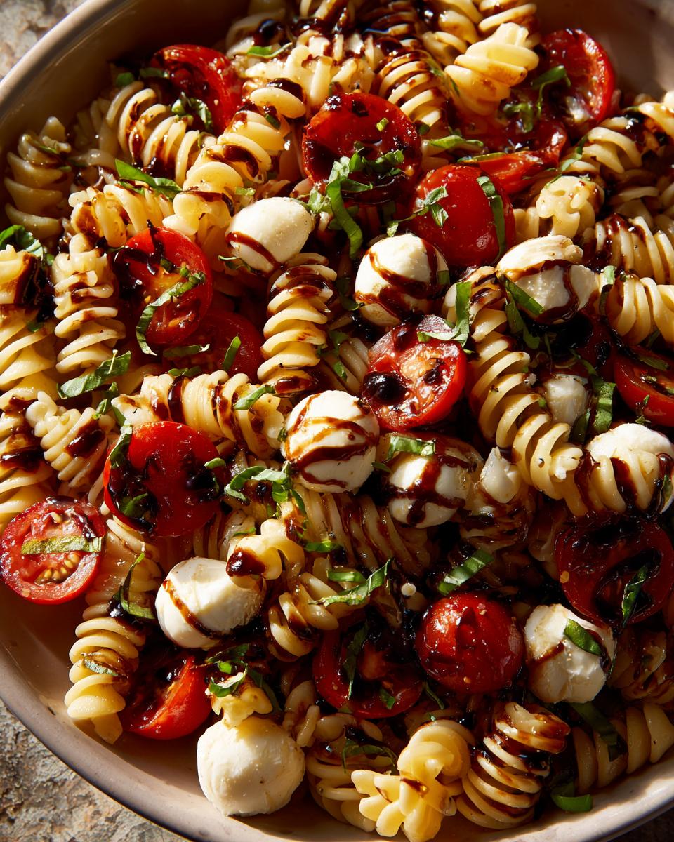 Close-up of amazing caprese pasta salad featuring fusilli pasta, cherry tomatoes, mozzarella balls, and a balsamic glaze.