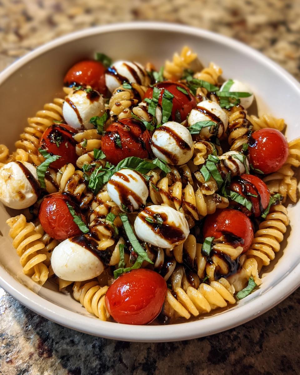 Close-up of fusilli pasta mixed with cherry tomatoes, mozzarella balls, and basil, drizzled with balsamic glaze for caprese pasta salad.