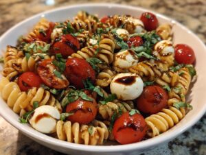 Close-up of a white bowl filled with amazing caprese pasta salad featuring fusilli, cherry tomatoes, mozzarella balls, and balsamic glaze.