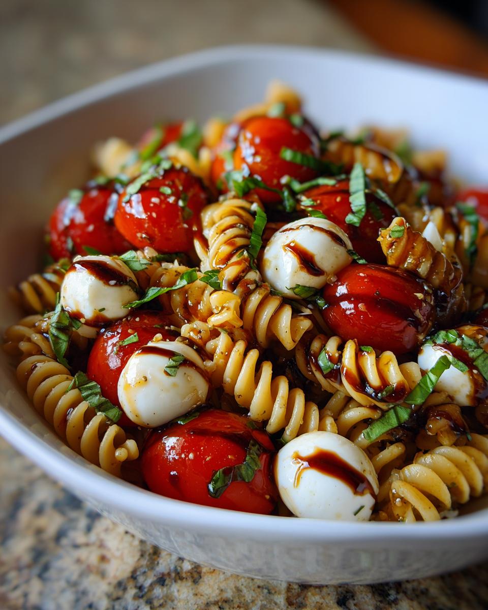 Close-up of fusilli pasta mixed with cherry tomatoes, mozzarella balls, and basil, drizzled with balsamic glaze for caprese pasta salad.