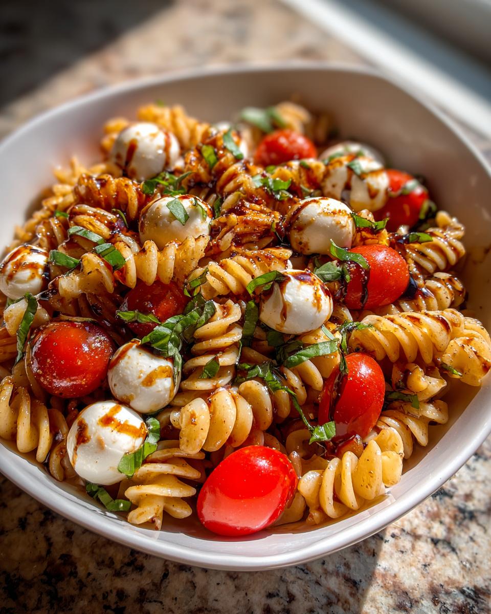 Close-up of a bowl of amazing caprese pasta salad featuring rotini pasta, cherry tomatoes, mozzarella balls, and balsamic glaze.