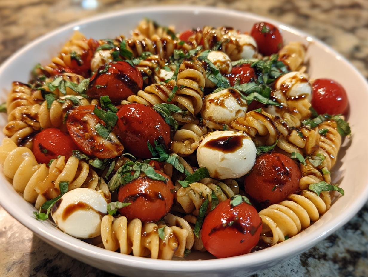 Close-up of a white bowl filled with amazing caprese pasta salad featuring fusilli, cherry tomatoes, mozzarella balls, and balsamic glaze.