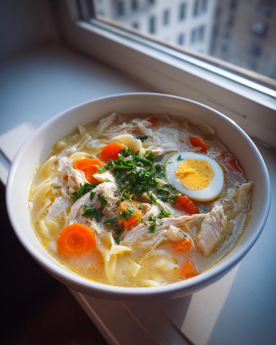 A close-up of a white bowl filled with rich chicken noodle soup, shredded chicken, carrots, and topped with parsley and a hard-boiled egg slice.