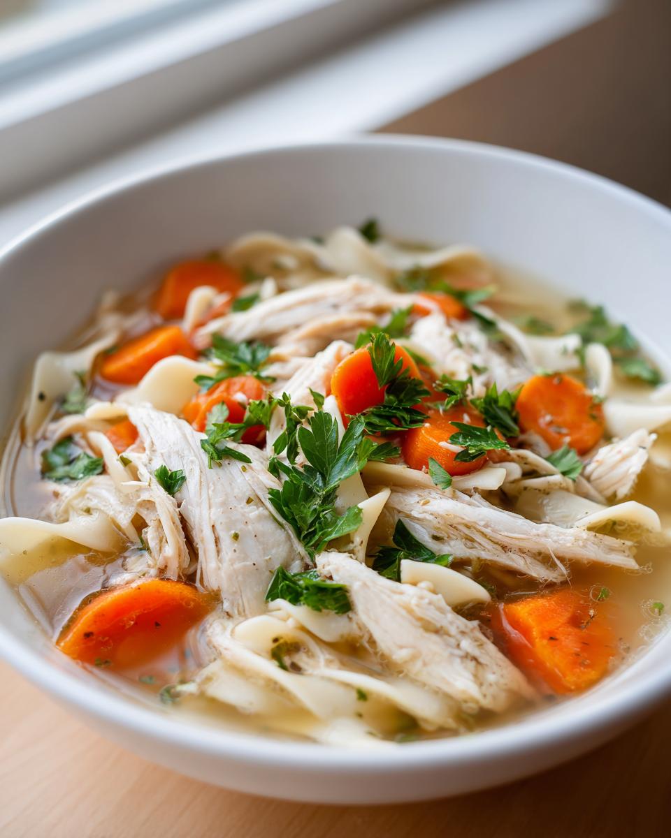 A close-up of a comforting bowl of amazing chicken noodle soup with shredded chicken, bright orange carrots, and fresh parsley.