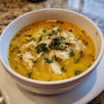 Close-up of a white bowl filled with golden chicken orzo soup, topped with shredded chicken and fresh parsley.