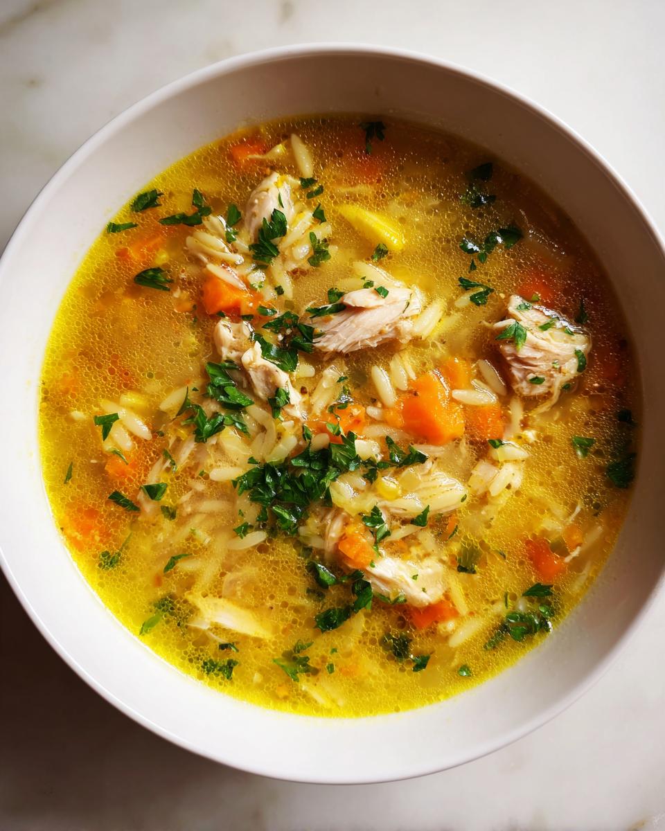 Overhead view of a white bowl filled with rich, yellow chicken orzo soup, featuring shredded chicken, carrots, and fresh parsley.