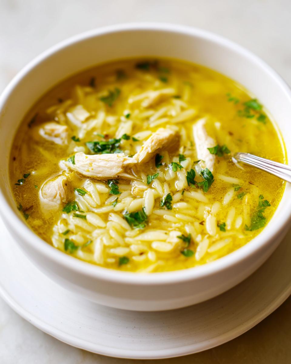 Close-up of a white bowl filled with rich, yellow chicken orzo soup, topped with shredded chicken and fresh parsley.