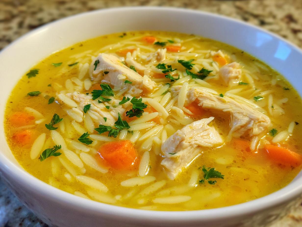 Close-up of a white bowl filled with bright yellow chicken orzo soup, featuring shredded chicken, carrots, and parsley.