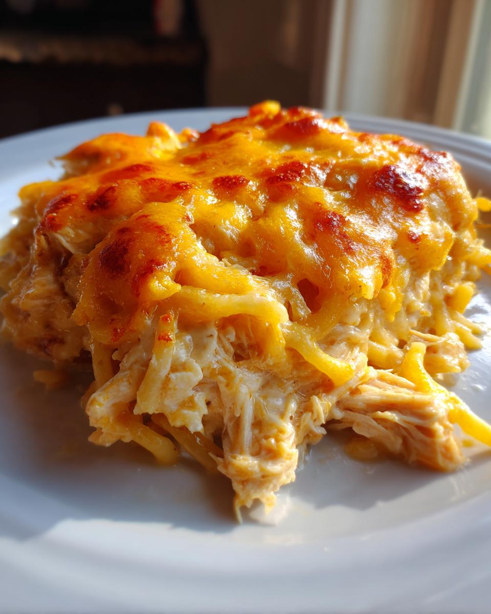 A close-up serving of creamy chicken spaghetti topped with melted, browned cheddar cheese.