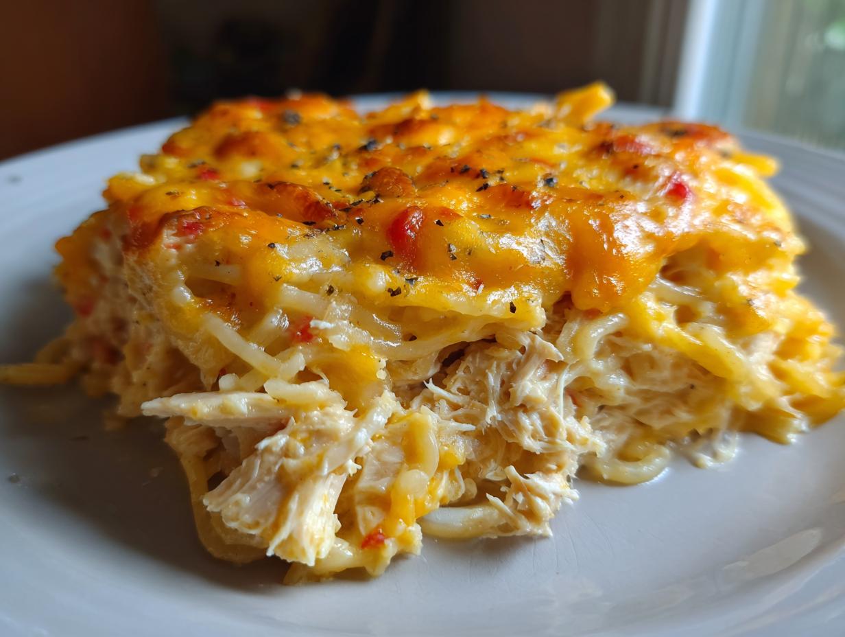 A close-up serving of creamy chicken spaghetti topped with melted, browned cheddar cheese.