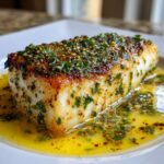 A thick, flaky fillet of chilean sea bass recipe, pan-seared and topped with a bright green herb and spice mixture, resting in lemon butter sauce.
