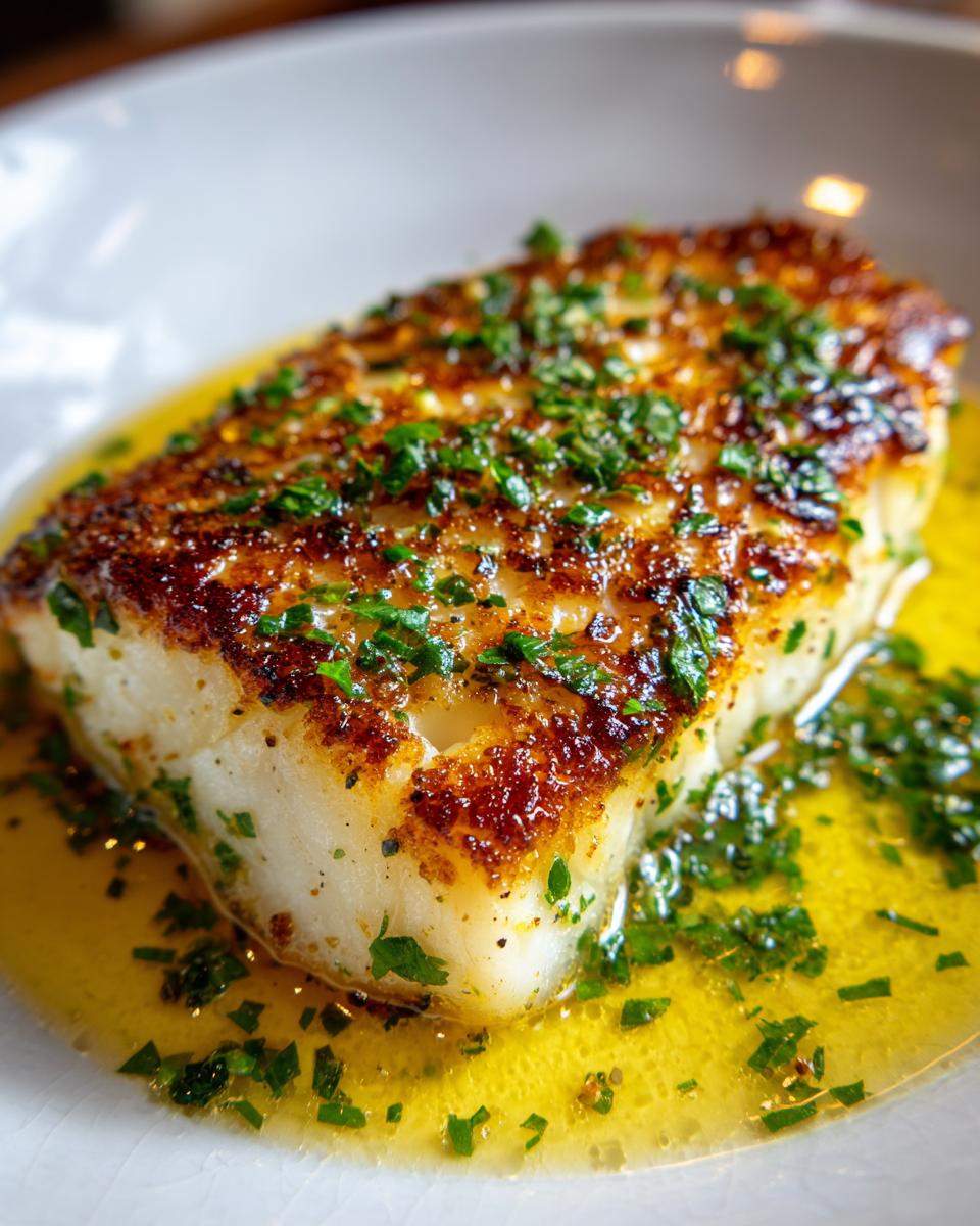 Close-up of a perfectly seared chilean sea bass recipe fillet swimming in melted butter and topped with fresh parsley.
