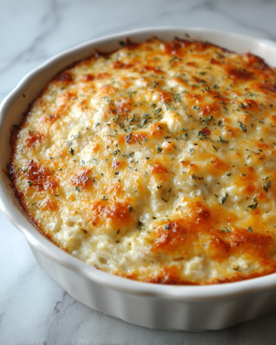 Close-up of hot, baked crab dip in a white dish, featuring a bubbly, golden-brown cheese crust sprinkled with herbs.