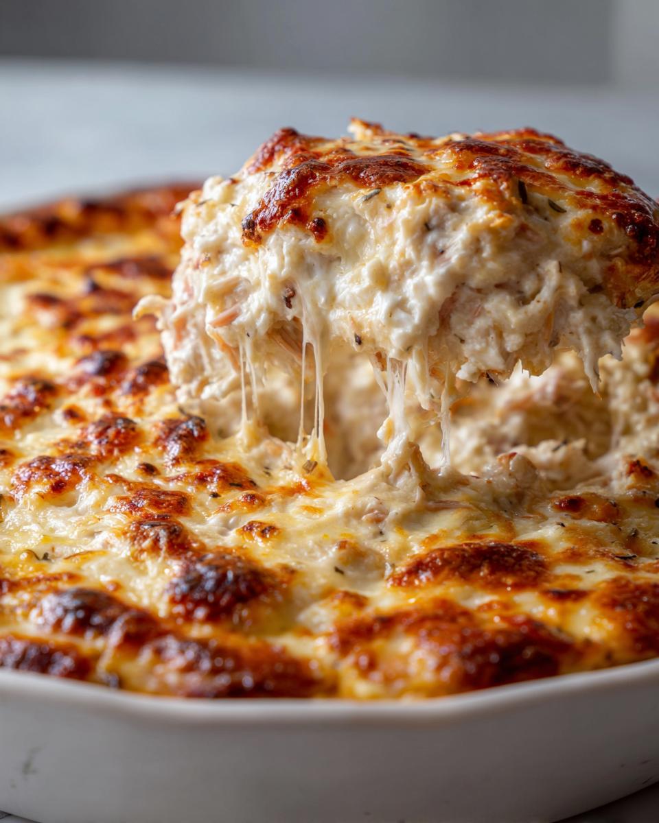 A spoonful of hot, cheesy crab dip being lifted from a white baking dish, showing long cheese pulls.