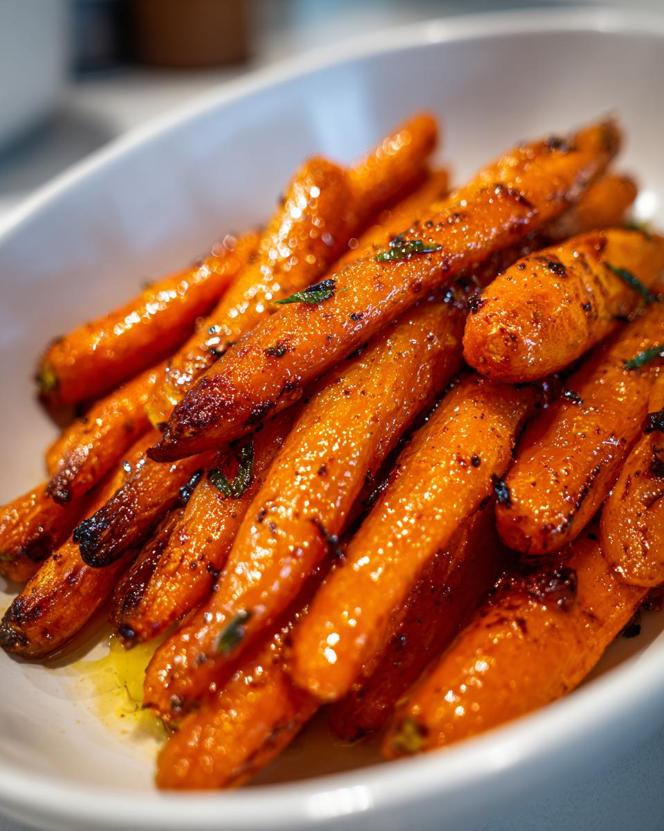 A close-up shot of perfectly cooked, glossy honey glazed carrots served in a white bowl.
