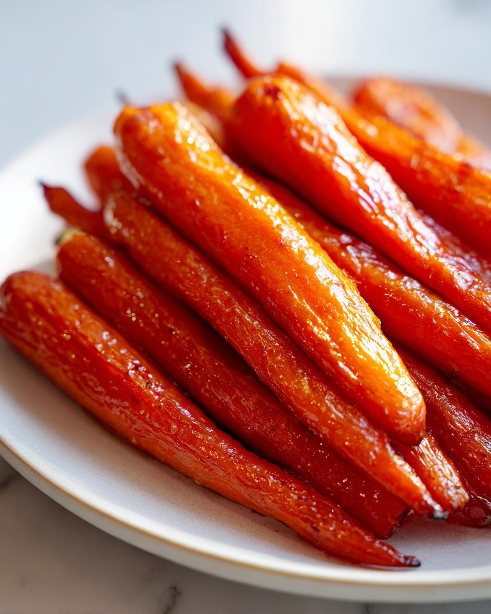 A close-up shot of vibrant, shiny honey glazed carrots piled high on a light-colored serving plate.
