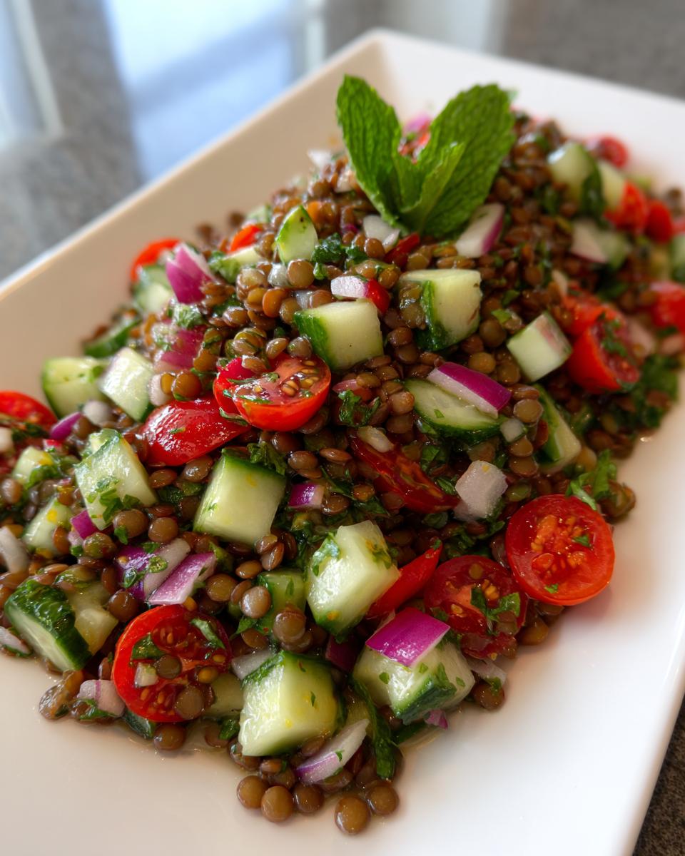 Close-up of a colorful lentil salad featuring brown lentils, diced cucumber, cherry tomatoes, and red onion, garnished with mint.