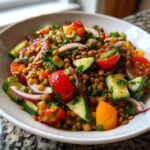 Close-up of a vibrant lentil salad featuring cooked lentils, chopped cucumber, red onion, and cherry tomatoes.