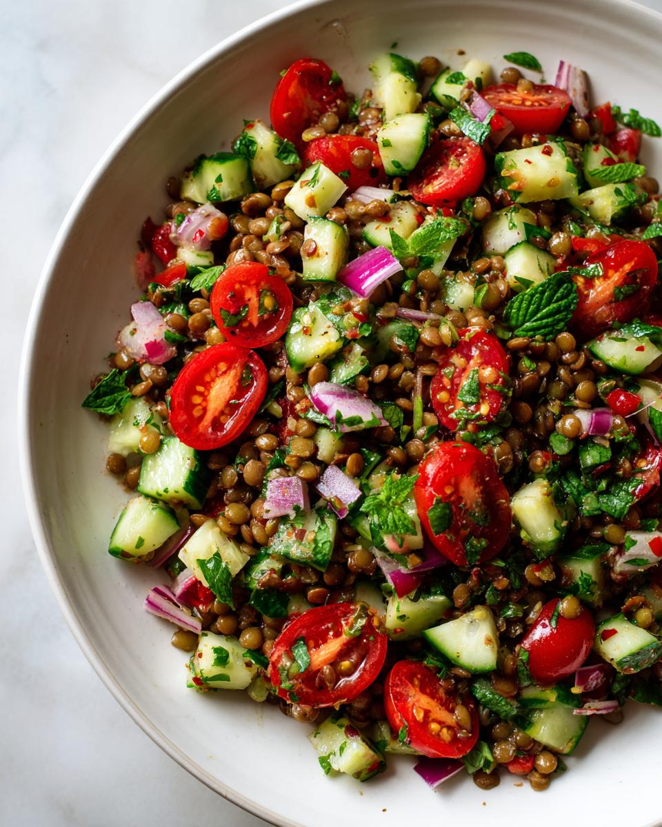 Close-up of a vibrant lentil salad featuring brown lentils, halved cherry tomatoes, diced cucumber, and red onion.