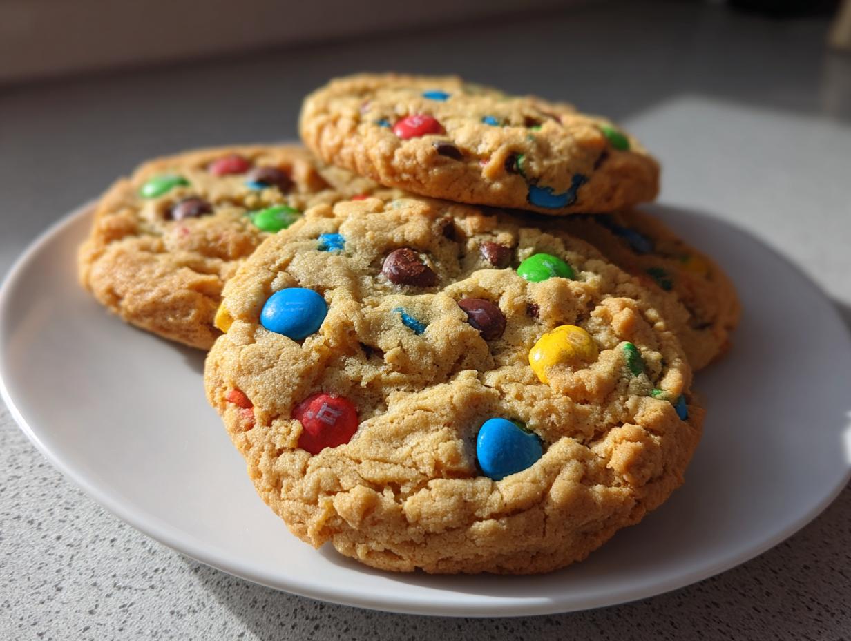 A close-up of several delicious, chewy m&m cookies stacked on a white plate, featuring colorful candy pieces.