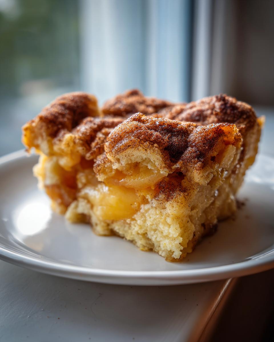Close-up of a square slice of peach cobbler with a thick, cinnamon-sugar topping on a white plate.