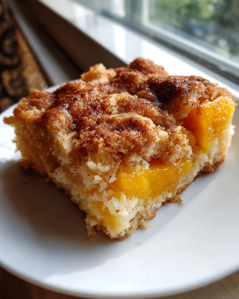 A square slice of amazing peach cobbler with visible chunks of bright orange peaches and a cinnamon-sugar crumble top.