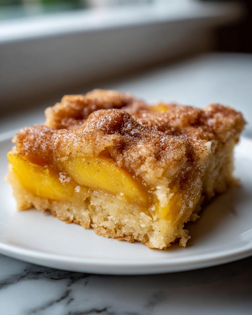 Close-up of a square slice of peach cobbler showing bright yellow peaches and a cinnamon-sugar crumb topping.