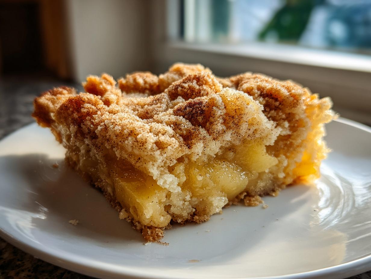 Close-up of a square slice of peach cobbler with a thick, cinnamon-sugar crumble topping on a white plate.