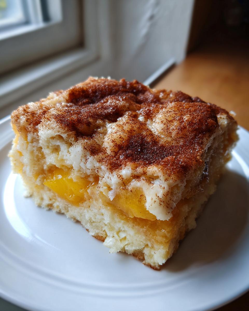 A square slice of moist peach cobbler featuring a layer of bright yellow peaches and a cinnamon-sugar topping.