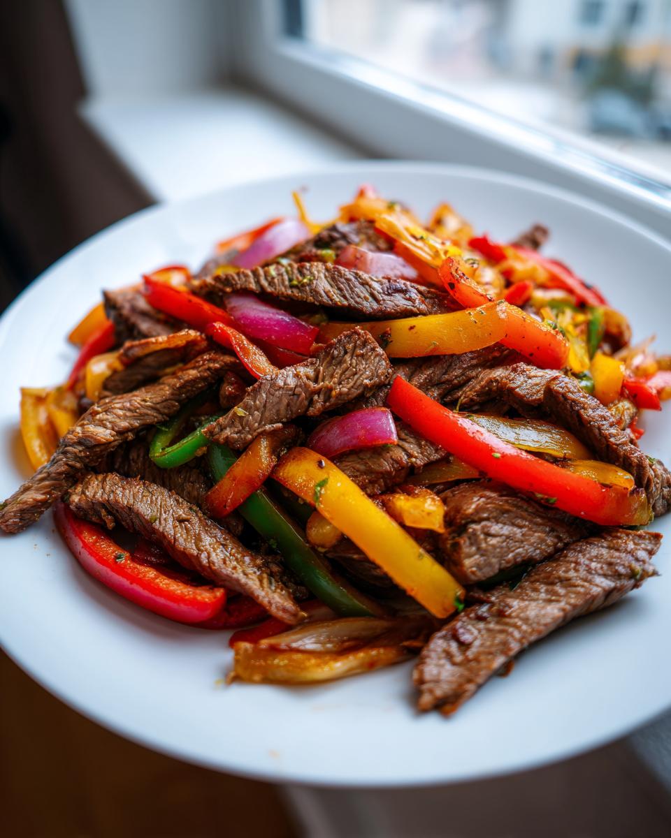 A close-up of vibrant steak fajita mix featuring sliced steak, red, yellow, and green bell peppers, and red onions.
