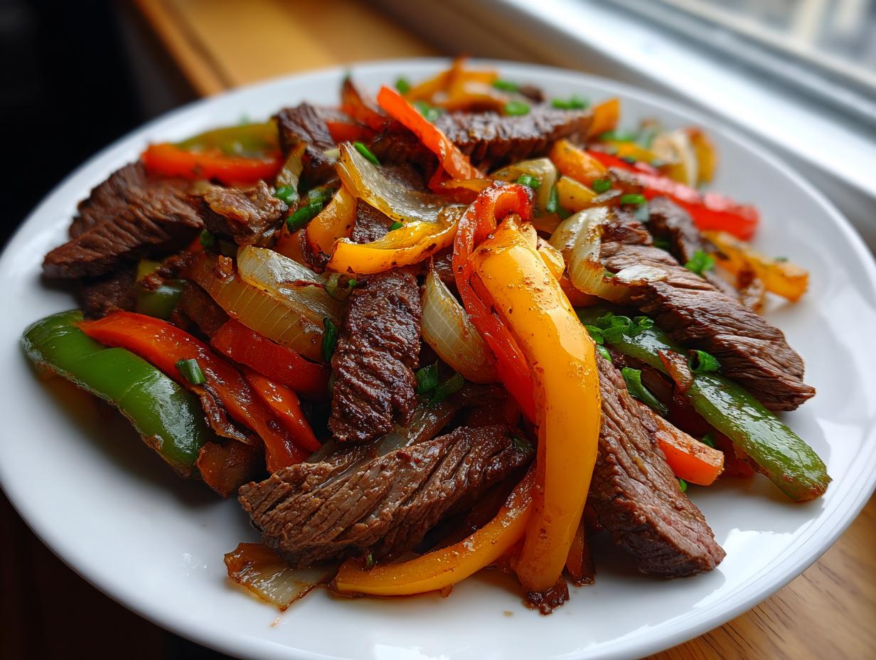 Close-up of a white plate filled with colorful steak fajita strips, onions, and bell peppers.