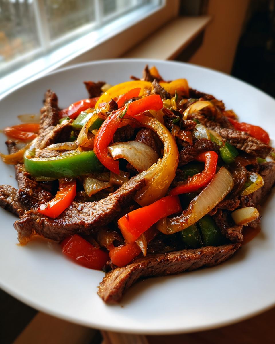Close-up of colorful steak fajita with sliced peppers and onions served on a white plate.