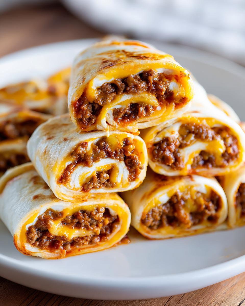 Close-up of several delicious taco pinwheels filled with seasoned ground beef and melted cheese, stacked on a white plate.
