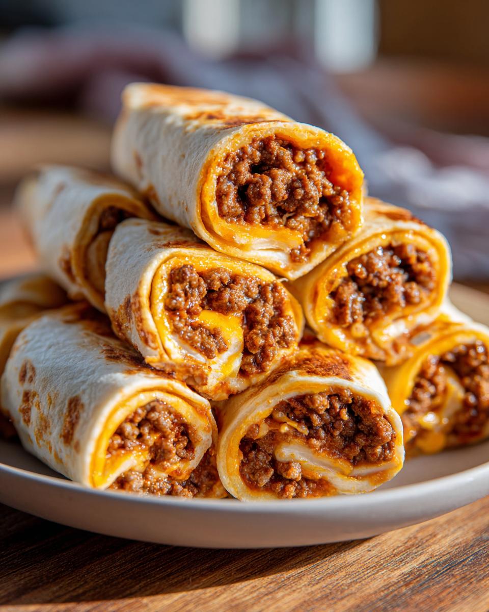 A stack of freshly made taco pinwheels filled with seasoned ground beef and melted cheese, ready to serve.
