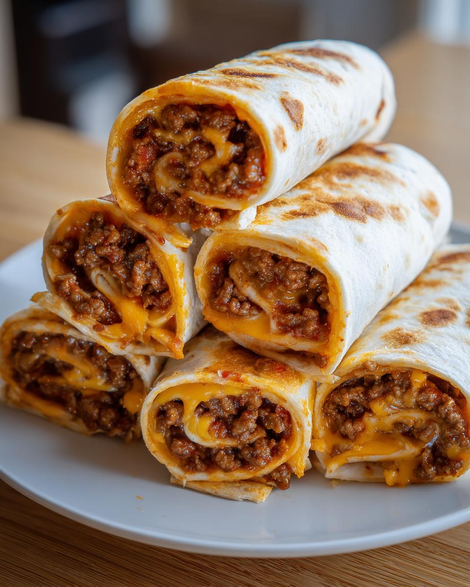 A stack of six savory taco pinwheels filled with seasoned ground beef and melted cheddar cheese.